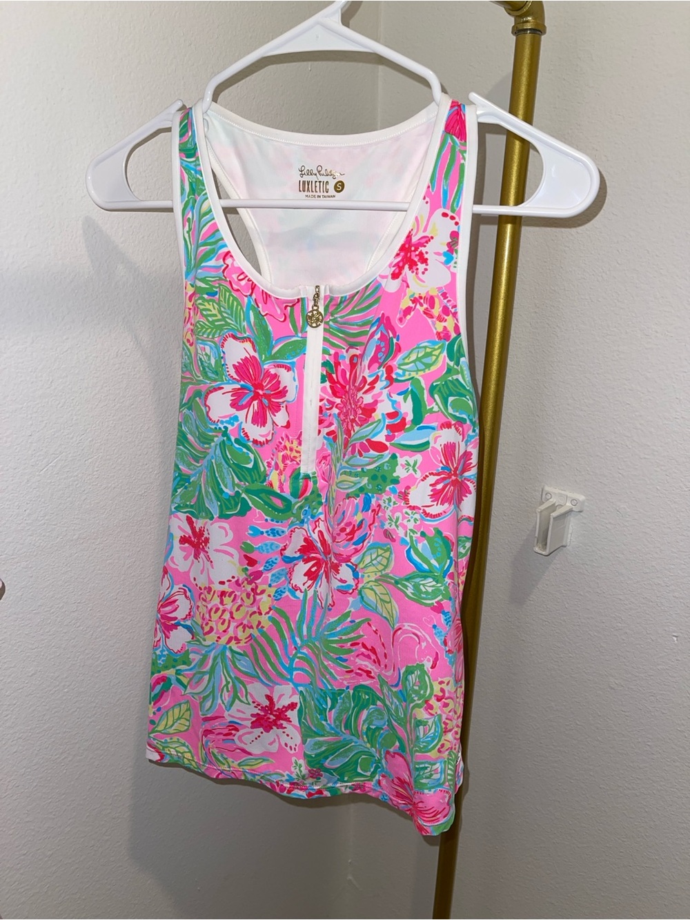 Lilly Pulitzer Pink Tropical Zip Tank with Green Accents